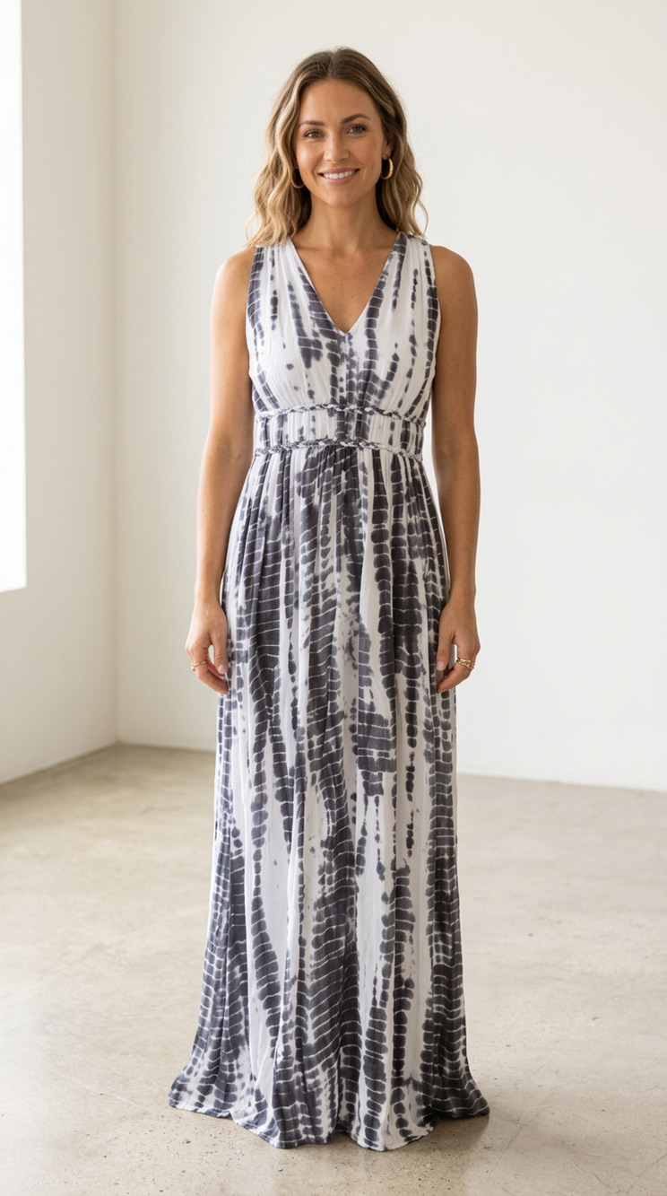 Japna Maxi Dress Gray white Tie Dye sz M sleeveless cruise vacation Boho Beach